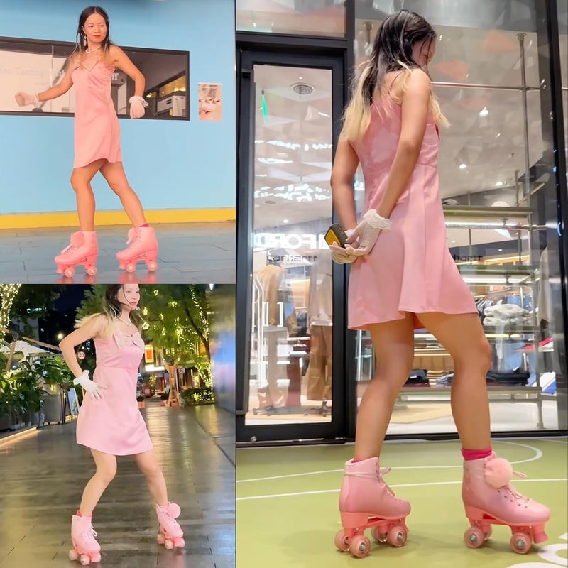 JetHok Roller Skates for Women, High Top PU Leather Rollerskates, Shiny Double-Row Four Pink Wheels Quad Skates for Girls and Age 8-50 Indoor Outdoor - Image 2